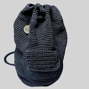 The Sak Crochet Drawstring Backpack Bag Black Small Textured Shoulder Bucket Bag